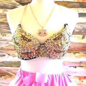 GLITZ Sequin VEGAS Hand Beads Gold Halter STAGE Belly Dance Party Club Bra Top S